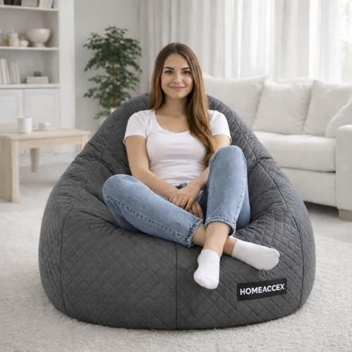 Image of Quilted Velvet Bean Bag with Filled Beans 3XL Bean Bag Chair | Capacity Upto 120Kg Weight | Filled Bean Bag Sofa (Grey3XL)