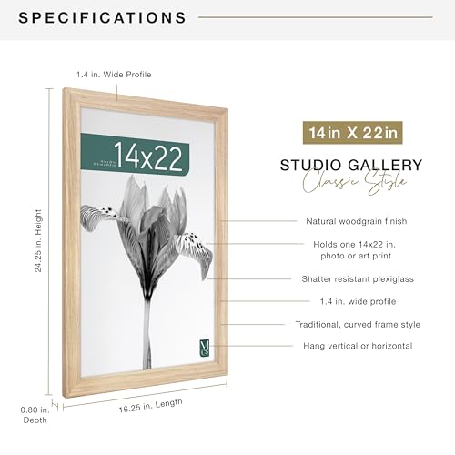 MCS Studio Gallery Classic 14x22 Poster Frame Natural Woodgrain, Vertical & Horizontal Wall Hanging Large Picture Frame for Photos, Posters & Art Prints (1-Pack)