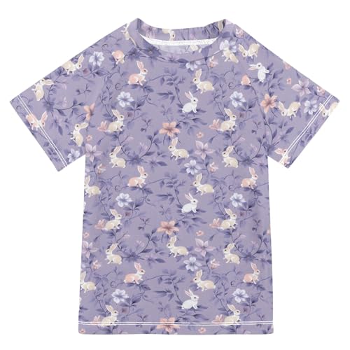 ALAZA Kids Rash Guard Girls Toddler Swim Shirts Short Sleeve Purple Flower Rabbit UPF 50+ 3T
