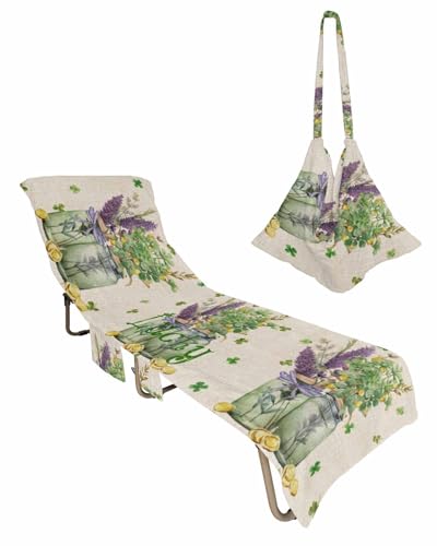 St. Patrick's Day Beach Lounge Chair Towel Cover, Soft Chaise Lounge Towel with Side Pockets Patio Pool Chairs Cover for Beach/Pool Sunbathing 29x85 Green Lucky Clovers Botanical Rustic