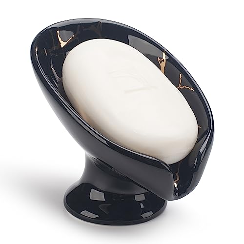 Soap Dish, Ceramic Soap Holder, Self Draining Soap Dish Holder, Leaf Shape Soap Bar Holder Soap Saver for Bathroom, Shower, Kitchen Sink (Black)