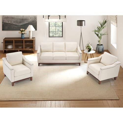 Image of HAOMARKETS Modern 3 Piece Sofa Set with Rivets, Included Chenille Accent Chair Set of 2, and Upholstered 3-Seater Couches with Solid Wood Legs, Living Room Furniture Set,Beige