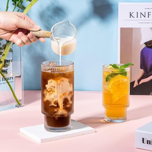 Image of WEZOSHINET 6 Pcs Heat Resistant Drinking Glasses Cup with Vertical Stripes Ribbed Pattern for Iced Coffee Cups Whiskey Cocktail Beer Water Glasses for Home Party Glass (290ML Set of 6)