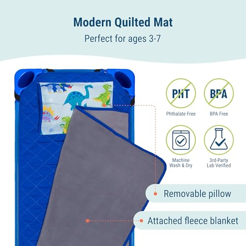 Image of Wildkin Modern Kids Nap Mat with Pillow for Boys - Soft & Cozy Cotton Blend, Elastic Straps, Toddler Sleep Mat for Daycare, Preschool, Kindergarten & Travel, Ages 3-7, Machine Washable - Dinosaur Land
