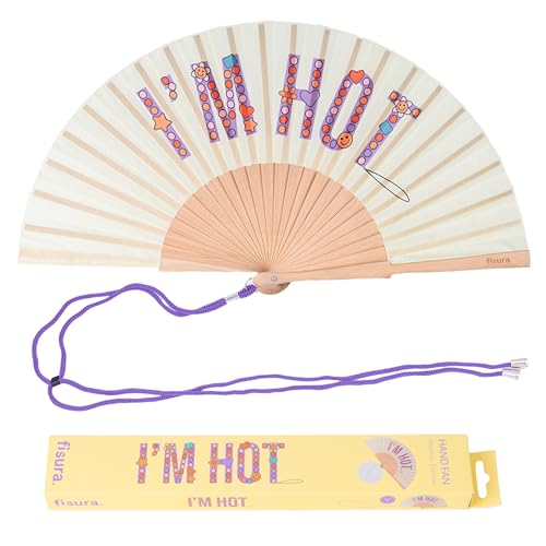 Fisura – Abanico original con mensaje “Have sun”. Abanico de madera moderno y colorido. Ventilador de mano naranja degradado. Colgador incluido. (Hot abalorios, beige)