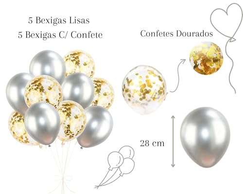 Kit Com 10 Bexigas Prata Metalizada Com Confetes Dourado Festa De Aniversario Balão Para Ano Novo Ev