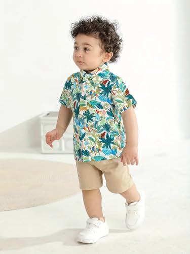 Image of Niren Enterprise Boy's Casual Cotton Regular Fit Leaf Printed Half Sleeve Button Down Shirt with Spread Collar Standard Length Summer Wear