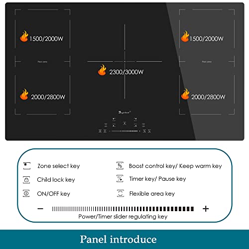 36 Inch Induction Cooktop 5 Boost Burners, Built-In Electric Stove Top Cooker With Double Flexi Zone, 9 Power Levels, Keep Warm Function, Timer, Child Safety Lock, 220-240V, 9000W #TOP6