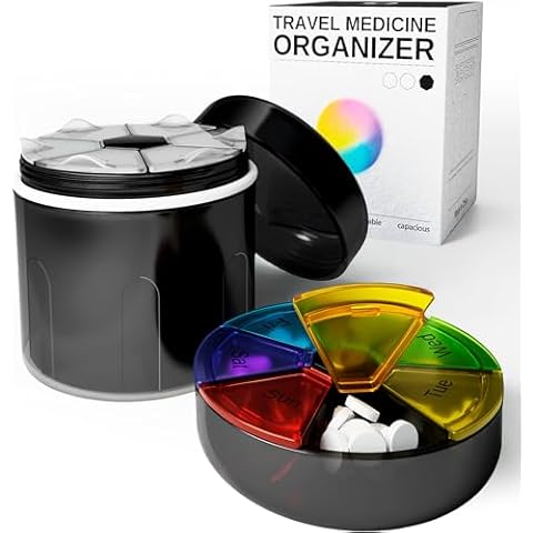 Large Supplement Organizer Bottle - Pill Dispenser 2 in 1 - Big Vitamin Holder and Portable Magnetic Pill Box with 7 Compartments Medication Storage Container Sorter with Labels Travel Medicine Case Cover