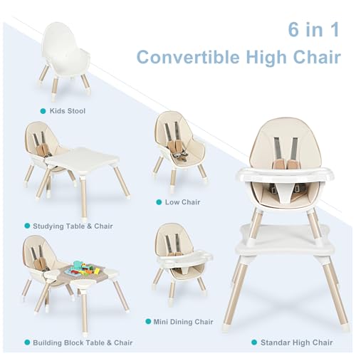 XueMi 6-in-1 kinderstoel, converteerbare kinderstoel voor baby's en peuters, bouwstenen tafel kinderstoel met 5-punts veiligheidsharnas, afneembare lade, zuigtafel en stoelset - Afbeelding 4