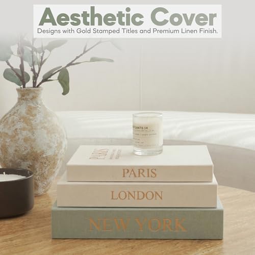 Image of Faux Book Storage Box Set of 3-Green /Beige /Beige-Decorative Faux Books with Hidden Storage for Coffee Table Decor, Bookshelf or Mantle-Linen Decorative Boxes-Aesthetic Book Decor for Home