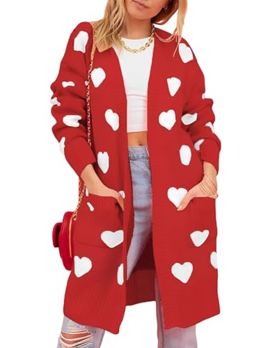 Image of Wyeysyt Women Valentines Day Love Heart Cardigans Sweaters Open Front Long Chunky Casual Knit Pocketed Cardigan Sweaters(Red-XL)