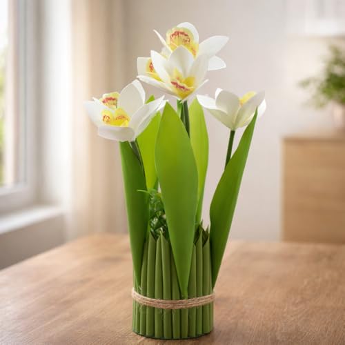 Image of CraftVatika White Orchid Artificial Flower Bouquet Decor, Realistic Orchid Flowers Bouquet Gift for Girls Faux Flowers for Table, Home Living Room Desk Decor, Wedding Anniversary Birthday Gift