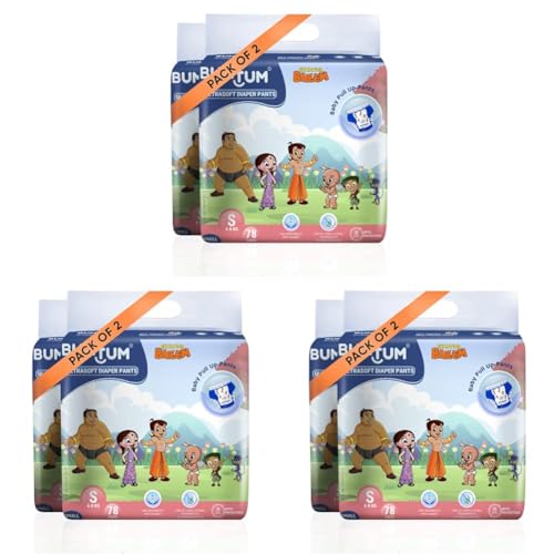 Image of Bumtum Chota Bheem Baby Diapers | Pant Style Baby Diapers Small Size, 156 Count | Double Layer Leakage Protection Infused With Aloe Vera, Cottony Soft High Absorb Technology (78 Count, Pack of 6)