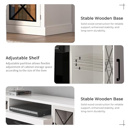 Image of BREEZEHEAT Fireplace TV Stand for TVs up to 70 inch, 3-Sided Electric Entertainment Center with 24 inch LED Fireplace, Media Console w /Storage Cabinet & Glass Doors, 59Inch, White