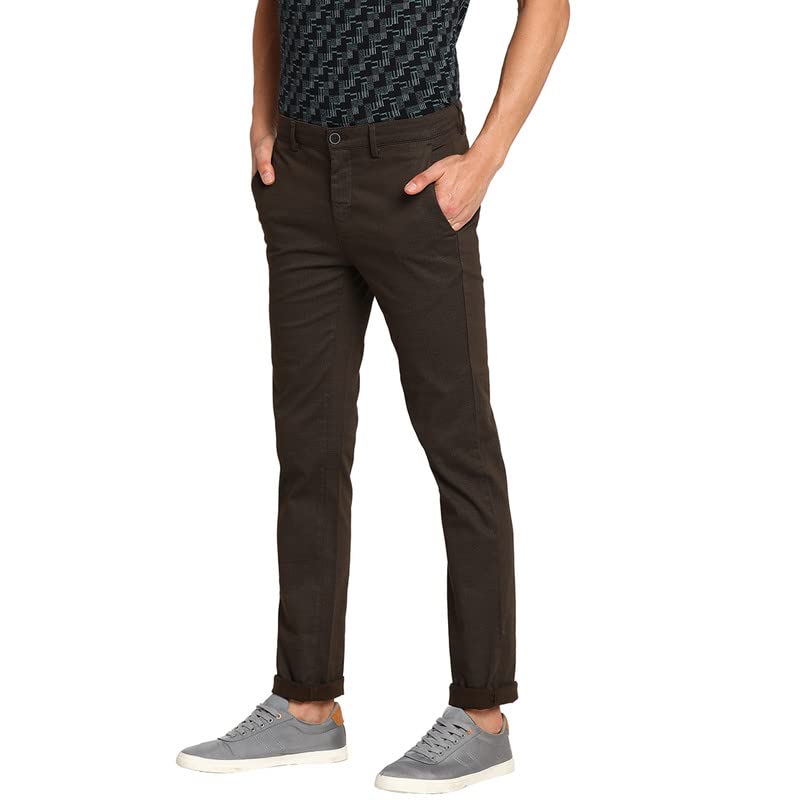 Image of Turtle Men Cotton Brown Solid Narrow Fit Trousers