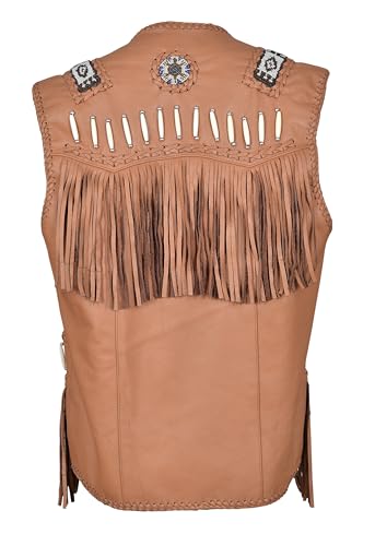 Image of Men's Western Cowhide Suede & Leather Vest - Beaded Fringe Yoke & Back Native-Inspired Cowboy Biker Vest