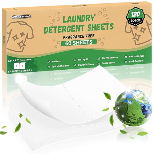 HOMERHYME Hojas de detergente para lavandería, hasta 120 cargas (60 hojas), sin perfume, sin plástico, tiras de detergente para ropa para viajes, dormitorios, hogar, apartamentos, tecnología sin