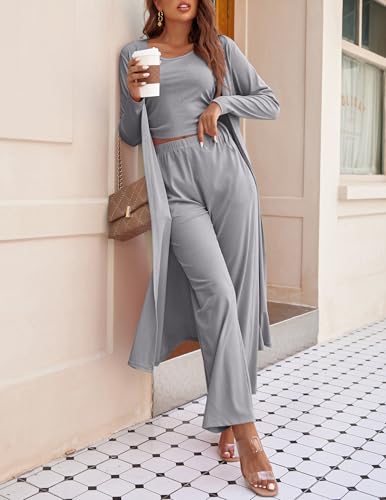 Image of Ekouaer Women's 3 Piece Lounge Set Pajama Long Sleeve Cardigan Sleeveless Top Pants Sweatsuit S-XXL