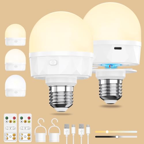 E27 Aufladbare Glühbirne mit Fernbedienung - USB C Wiederaufladbare Led Lampe Akku mit 2200mAh Batterie Magnet Haken, 3 Farben Dimmbar Timer für...