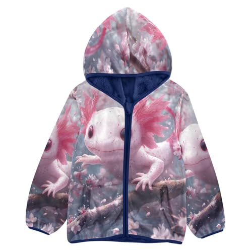 Cute Axolotl with Cherry Blossoms Toddler Fleece Jacket Girl Boys Hooded Fleece Jacket Coat Warm Outwear Zip-up 3-10T