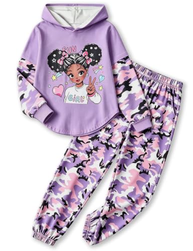 Image of Girls Fall Outfits Sweetie-girl Hoodie and Camo Pants Size 6-16 | Curved Hem Design,Skin-friendly Cotton Blend,for Daily School Playdates,Fall&Winter,Easy On & Off Pullover