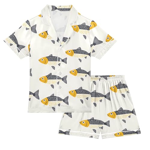 ALAZA Fish Yellow Satin Pajamas Set Short Sleeve Button Down Sleepwear Summer Pjs 2 Piece