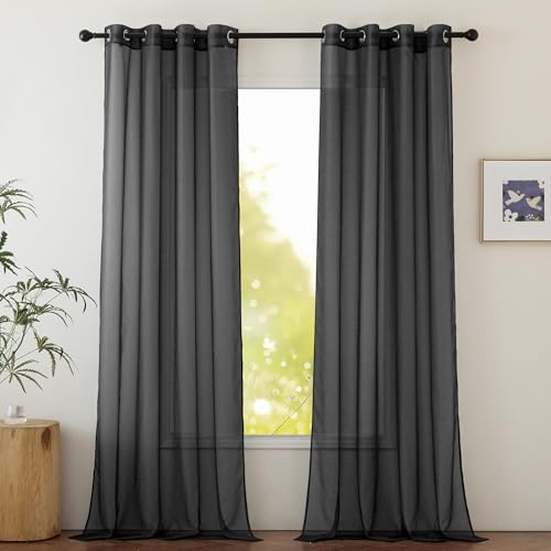Image of NICETOWN Sheer Window Curtain 84 inch - Ring Top Window Treatments Home Decorations Voile Panels Drapes with for Living Room /Patio Door (54 Inches Wide, Black, 2 Panels)