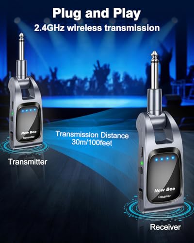Image of Wireless Guitar System 2.4GHz with 6 Channels 24Bit /48KHz Hi-Res Audio Rechargeable Wireless Guitar Transmitter Receiver for Bass Active Pickup Electric Instruments(Gunmetal)