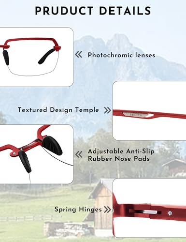 Image of BIRCEN Mens Metal Photochromic Sunglasses: UV Protection Al-Mg Sun Glasses Ultra-light Rimless Shades for Driving Cycling