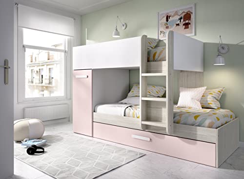 CAESAROO Letto a castello Crystal per due bambini Bianco opaco Rosa e Rovere grigio con armadio - Bianco, rosa e grigio