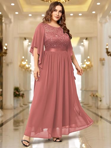 Image of Miusol Women's Plus Size Sequin Lace with Ruffle Cape Cloak Sleeves Elegant Evening Gown Wedding Guest Maxi Dress