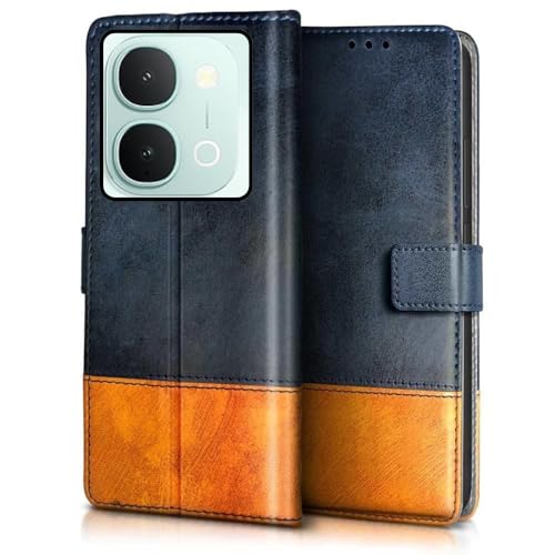 Image of Leather Flip Case Cover Compatible with Back case Cover for iQOO Z11x 5G |Dual Colour| Hand-Stitched Leather Finish| Lightweight| Inbuilt Card Pockets|(Blue with Mango)