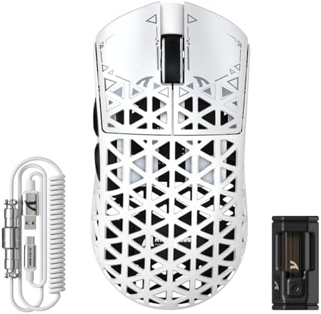 ATTACK SHARK R5 Ultra Wireless Gaming Mouse,39g Superlight Carbon Fiber Hollowed-Out,PAW3950MAX Optical Sensor Nordic 52840 MCU 8K Polling 42K DPI,BT/2.4G/USB-C Mice with Coiled Cable for PC/Mac-White
