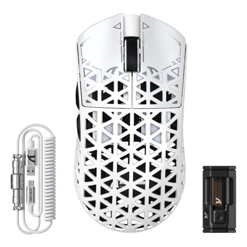 Image of ATTACK SHARK R5 Ultra Wireless Gaming Mouse,39g Superlight Carbon Fiber Hollowed-Out,PAW3950MAX Optical Sensor Nordic 52840 MCU 8K Polling 42K DPI,BT /2.4G /USB-C Mice with Coiled Cable for PC /Mac-White