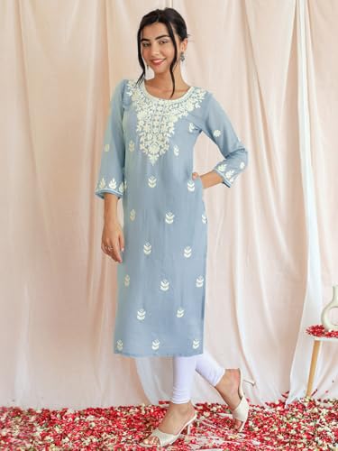 Image of Libas Womens Embroidered Viscose Straight Kurta for Women | Ethnic wear | Bridal Suit | Wedding Dress | Occasion wear