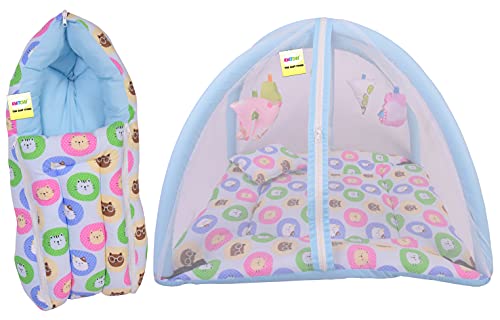 Image of Kwitchy Baby Bedding Set New Born Baby Bed | Mattress | Mosquito Net | Play Gym | Playmats | Cotton | Infants | Gift Combo | Bed with Hanging Toys (0-6 Months) Blue (2PCS Set)