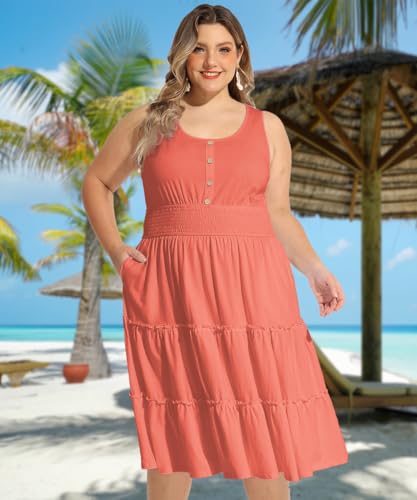 Image of RITERA Plus Size Summer Casual Dresses for Women Sleeveless Button Down Empire Waist Ruffle Tiered Swing Midi Dress XL-5XL