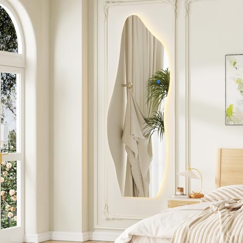 Image of QDSSDECO 63 inch x 24 inch LED Full Length Wall Mirror, Wavy Frameless Design