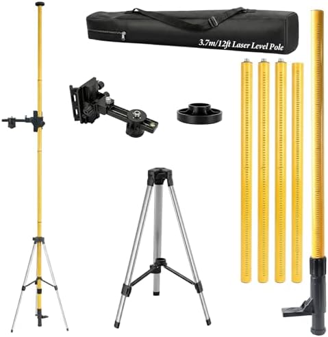 Poste de nivel láser ajustable, poste telescópico de 12 pies con trípode para láseres giratorios y láseres de línea, poste de montaje láser con rosca de 1/10.2 cm-20 y adaptador de 5/20.3 cm-11, bolsa