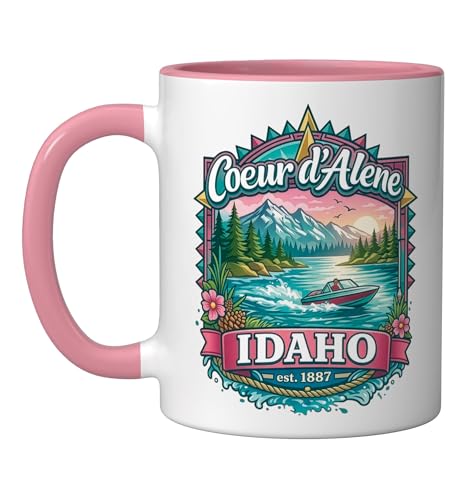 Lake Coeur d'Alene Idaho USA Mountains Forest boating Ceramic Mug, Pink/White
