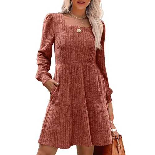 SAMPEEL Womens Square Neck Long Sleeve Fall Dresses Casual Babydoll Sweater Dress