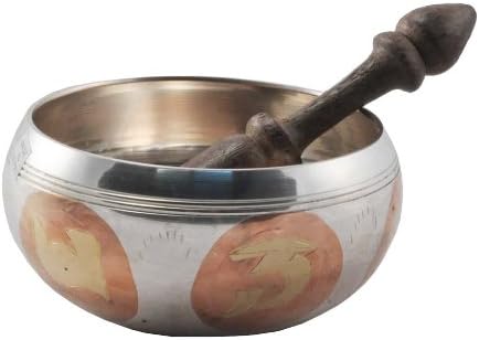 Silver Tone Alloy Brass and Copper Handmade Tibetan Singing Bowl, Rin Gong, 5", Free Mallet