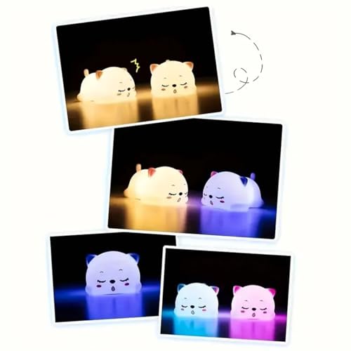 Image of GITGRNTH Rechargeable Silicone Cat Night Light for Kids | Kawaii Cat Lamp Tap and Touch Color-Changing LED Lamp |Adorable Room Decor & Gift for Toddlers, Teens (Cat Light Lamp, Regular), White