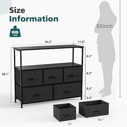 Image of NEWBULIG Dresser,Dresser with 5 Fabric Drawers,Chest of Drawers,Storage Tower, TV Stand Organizer Storage for Bedroom Living Room Hallway, Easy Pull Fabric Bins,Wooden Top, Sturdy Steel Frame,Grey