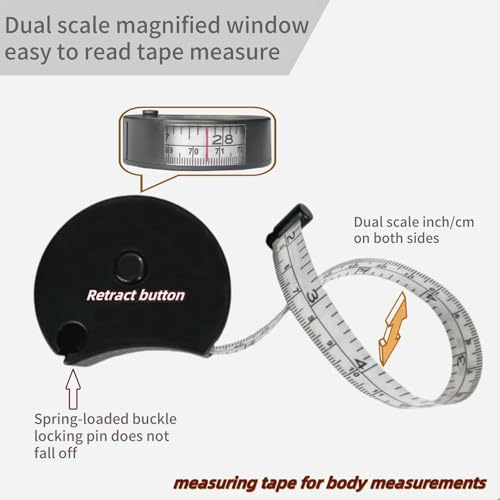 Body Tape Measure Retractable Soft Double-Scale Measuring Tape with Lock Button for Weight Loss Sewing Tailor Craft & Medical Body Measurements 60inch/150cm Fabric Measuring Tape (Black)