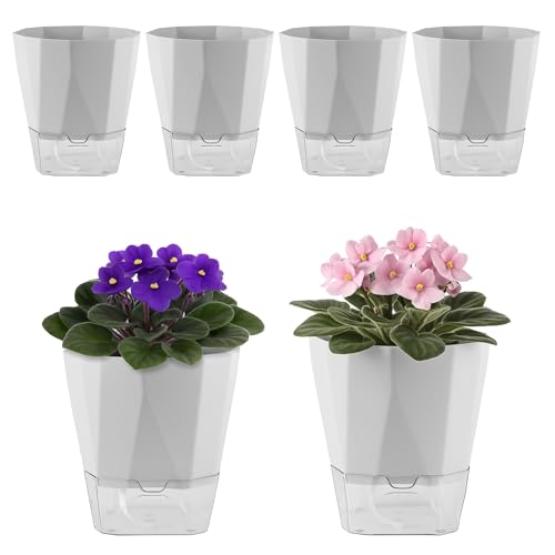 6 Pack Self Watering Plant Pots 5 Inches Self Watering Planters for Indoor and Outdoor Plants African Violet Self Watering Pots Clear Pots for Plants Herb Orchid Flower Houseplant Pots, Light Grey