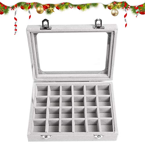 LDALAX Gift Box Jewelry Organizer Storage Ring Earring Boxes 24 Grids, Travel Small Jewellery Velvet Case Display with Mirror for Girls, Women - Grey