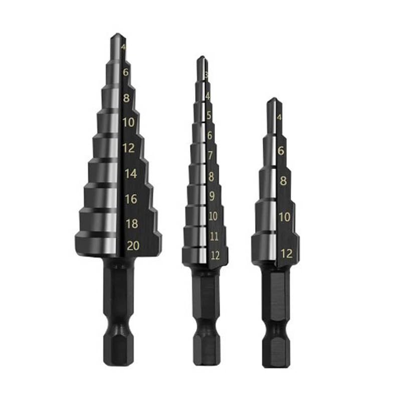 3Pcs Step Drill Bit Set, HSS Titanium Coated, 1/4" Hex Shank Quick Change, Short Length Drill Bits for Metal, Plastic, Sheet Metal (3-12mm, 4-12mm, 4-20mm)