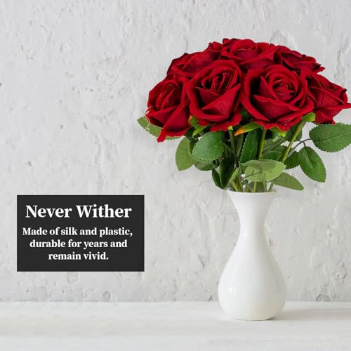 10 PCS Artificial Roses with Stems 10cm Long Fake Roses Silk Flowers Realistic Foam Flowers for Home Wedding Decorations (Brilliant Red) image 3